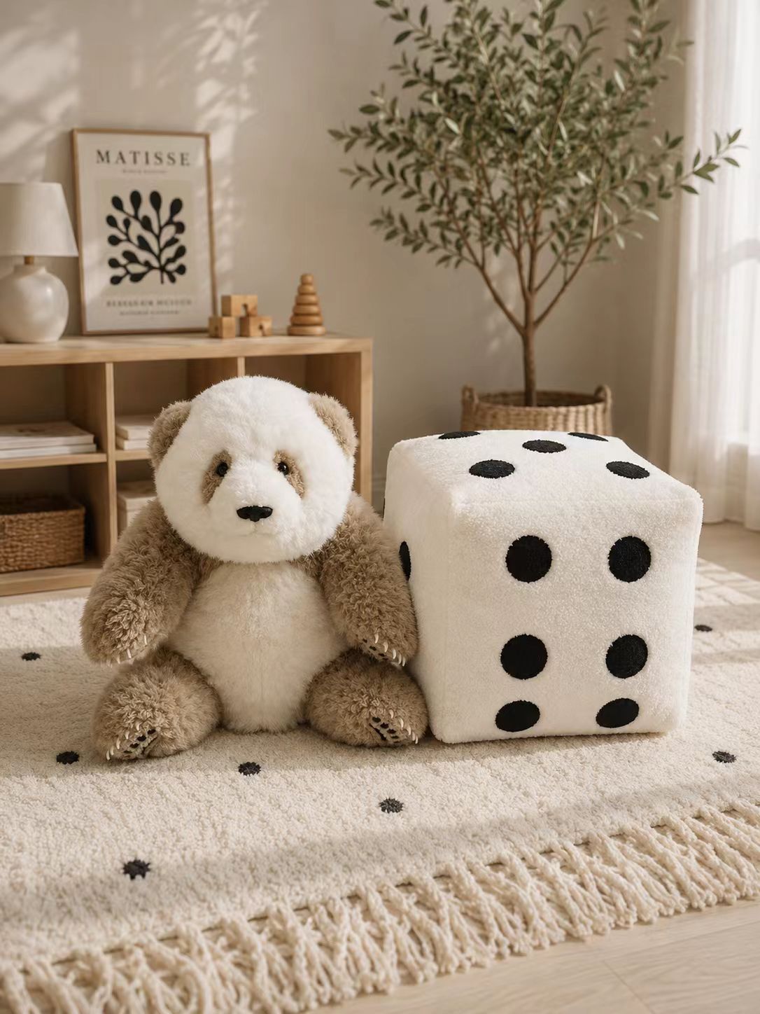 Qi Zai brown panda and dice plush set front view