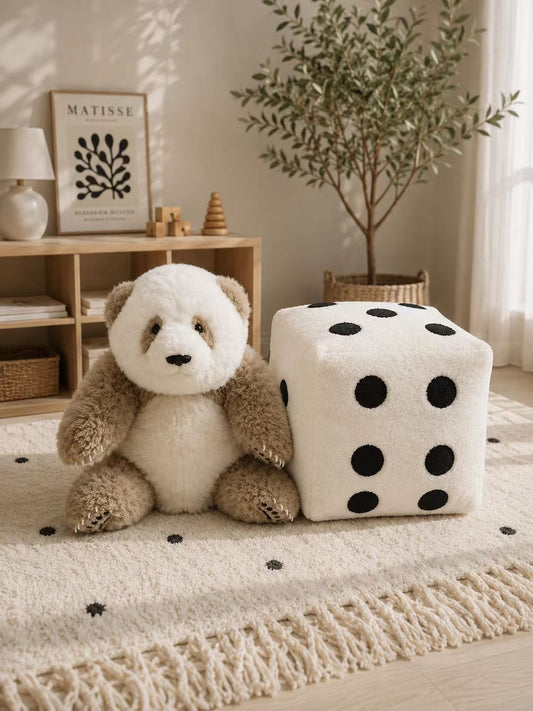 Qi Zai brown panda and dice plush set front view