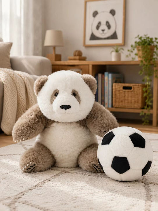 Qi Zai brown panda and football plush set front view