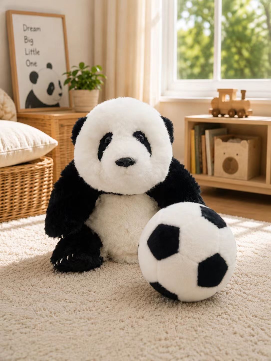 Hua Hua panda and football plush set front view