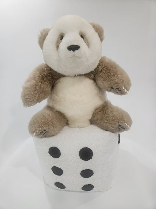 Qi Zai brown panda and dice plush set front view