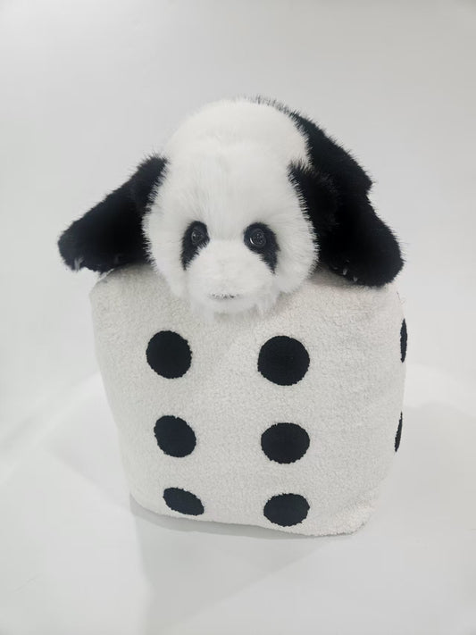 Three month old Hua Hua baby panda and dice plush set front view