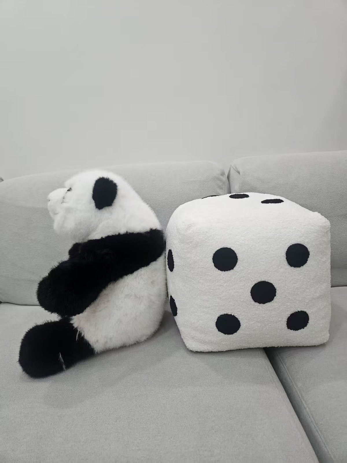 Panda dice plush set detail bright round eyes close up