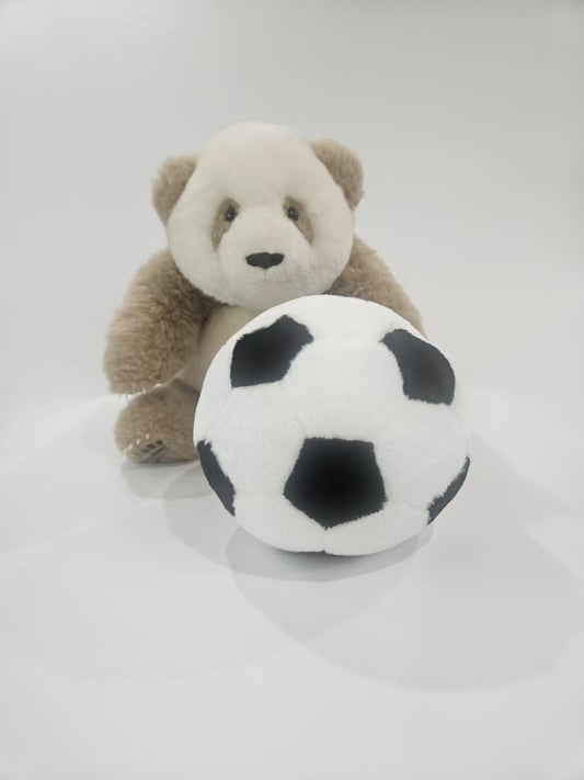 Qi Zai brown panda and football plush set front view